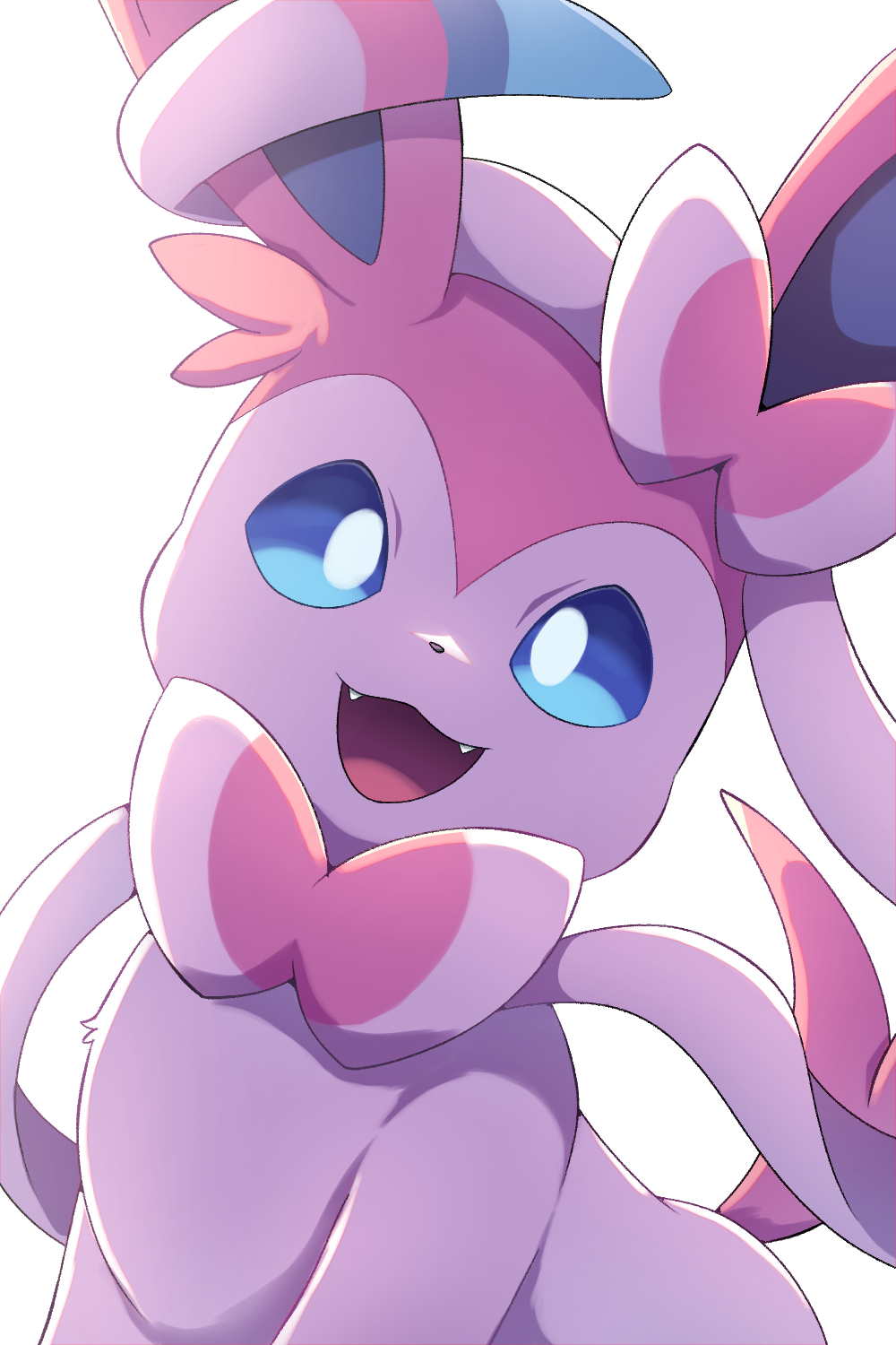 :d, blue_eyes, bright_pupils, commentary_request, fangs, happy, highres, looking_at_viewer, no_humans, open_mouth, pokemon, pokemon_(creature), pokemon_focus, rumine_(yoshi1234567), smile, solo, sylveon, white_background, white_pupils