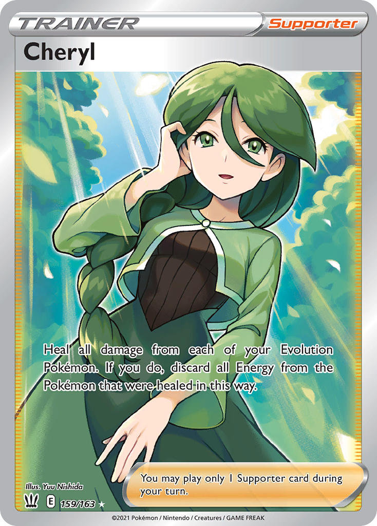 1girl, artist_name, brown_shirt, card_(medium), character_name, cheryl_(pokemon), company_name, copyright_name