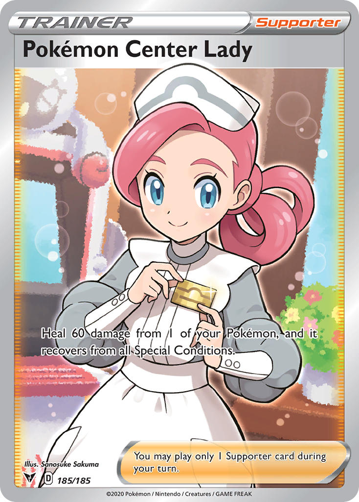 1girl, artist_name, blue_eyes, card_(medium), closed_eyes, closed_mouth, company_name, computer, copyright_name, copyright_notice, dress, english_text, eyelashes, glint, hat, joy_(pokemon), lens_flare, name_tag, nurse, nurse_cap, official_art, pink_hair, plant, pokemon, pokemon_card, pokemon_swsh, pokemon_tcg, potted_plant, rotomi, sakuma_sanosuke, smile, solo_focus, third-party_source, trading_card, white_dress, white_hat