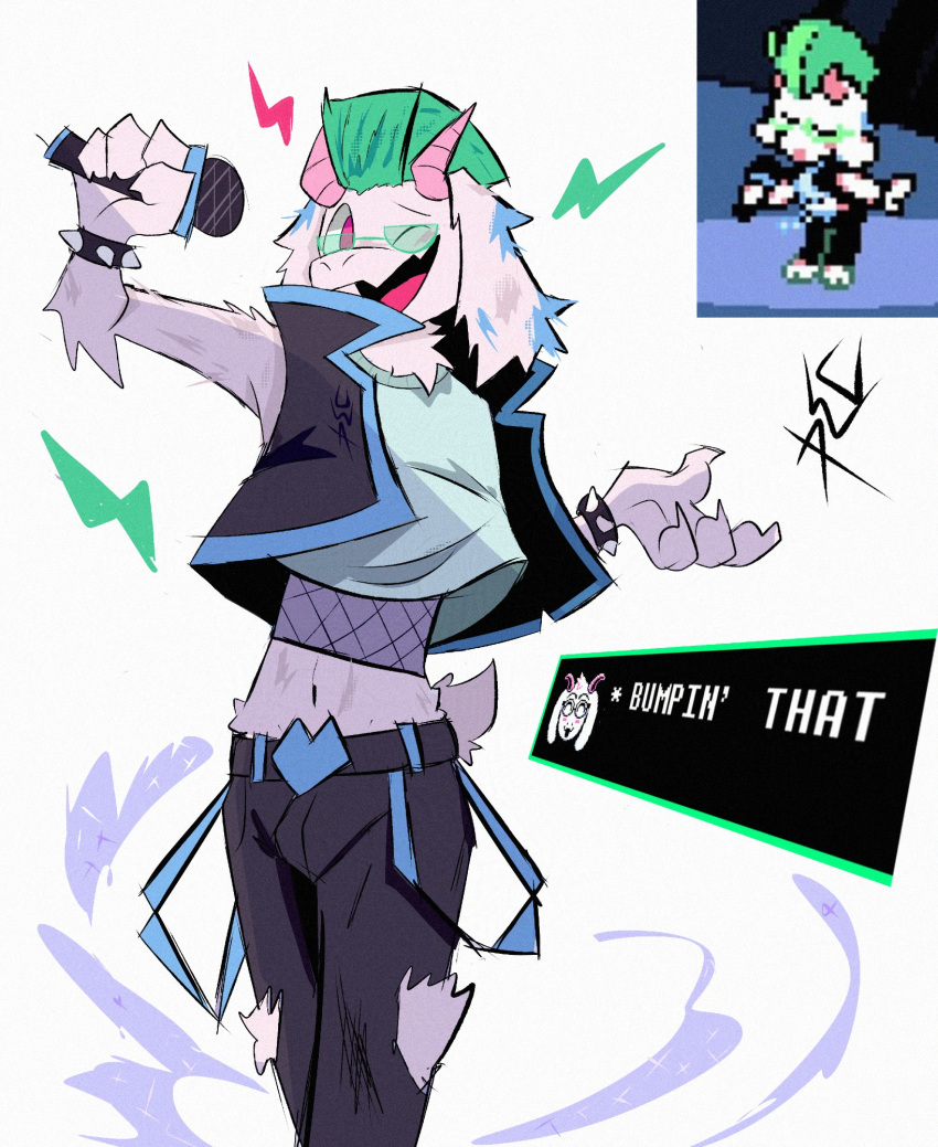 1boy, 8-bit, black_pants, black_vest, bracelet, brat_(charli_xcx), deltarune, denim, english_commentary, english_text, fishnet_top, fishnets, furry, furry_male, game_screenshot_inset, glasses, goat_horns, goat_tail, green_hair, green_tank_top, highres, holding, holding_microphone, horns, jewelry, lightning_bolt_symbol, looking_at_viewer, male_focus, microphone, midriff, mohawk, multicolored_hair, music, navel, one_eye_closed, open_mouth, pants, ralsei, signature, singing, smile, speech_bubble, spiked_bracelet, spikes, streaked_hair, tank_top, torn_clothes, torn_pants, uwasart, vest, white_fur