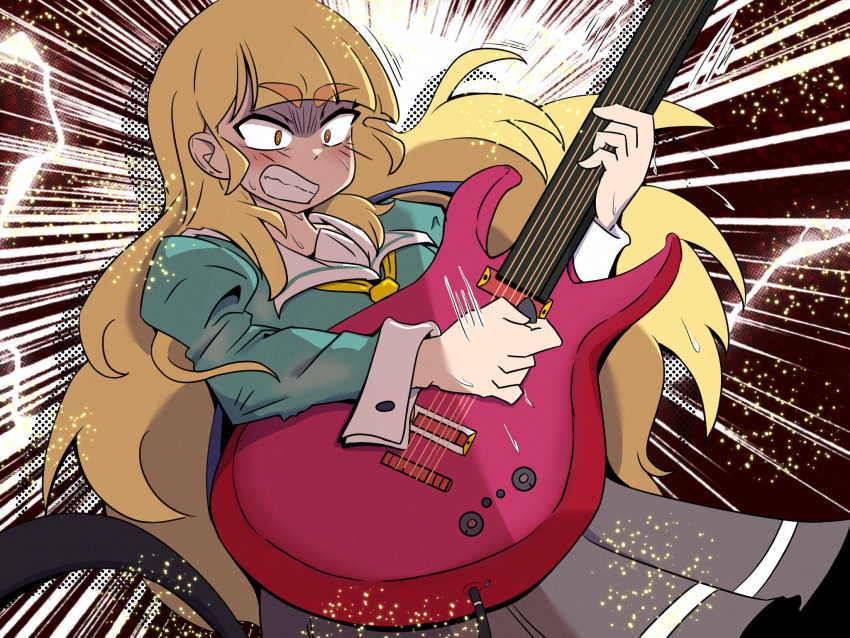 1girl, blonde_hair, clenched_teeth, electric_guitar, emphasis_lines, english_commentary, guitar, highres, instrument, liebe_girls_academy_school_uniform, long_hair, music, playing_instrument, plectrum, rock_wa_lady_no_tashinami_deshite, school_uniform, shiraki_hime, simple_background, skirt, solo, sweat, teeth, unbannedc, watashi_no_yuri_wa_oshigoto_desu!, yellow_eyes