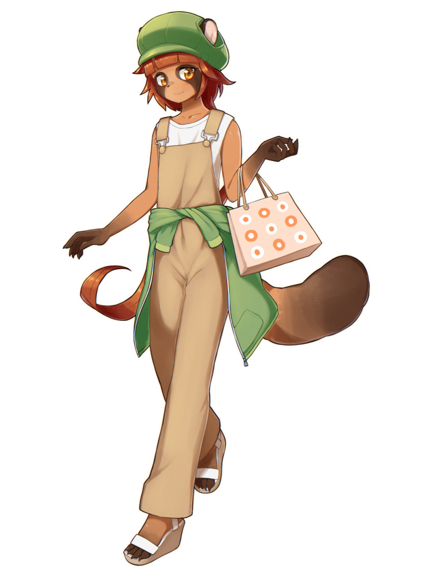 1girl, animal_ears, bag, brown_eyes, brown_hair, brown_overalls, clothes_around_waist, dairoku_ryouhei
