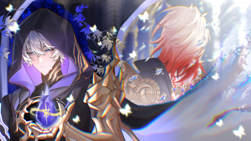 2boys, armor, back_tattoo, black_cloak, black_coat, blonde_hair, blue_eyes, chinese_commentary
