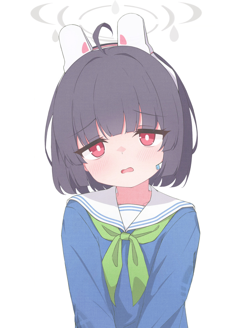1girl, ahoge, alternate_hair_length, alternate_hairstyle, animal_ears, black_hair, blue_archive, blue_shirt