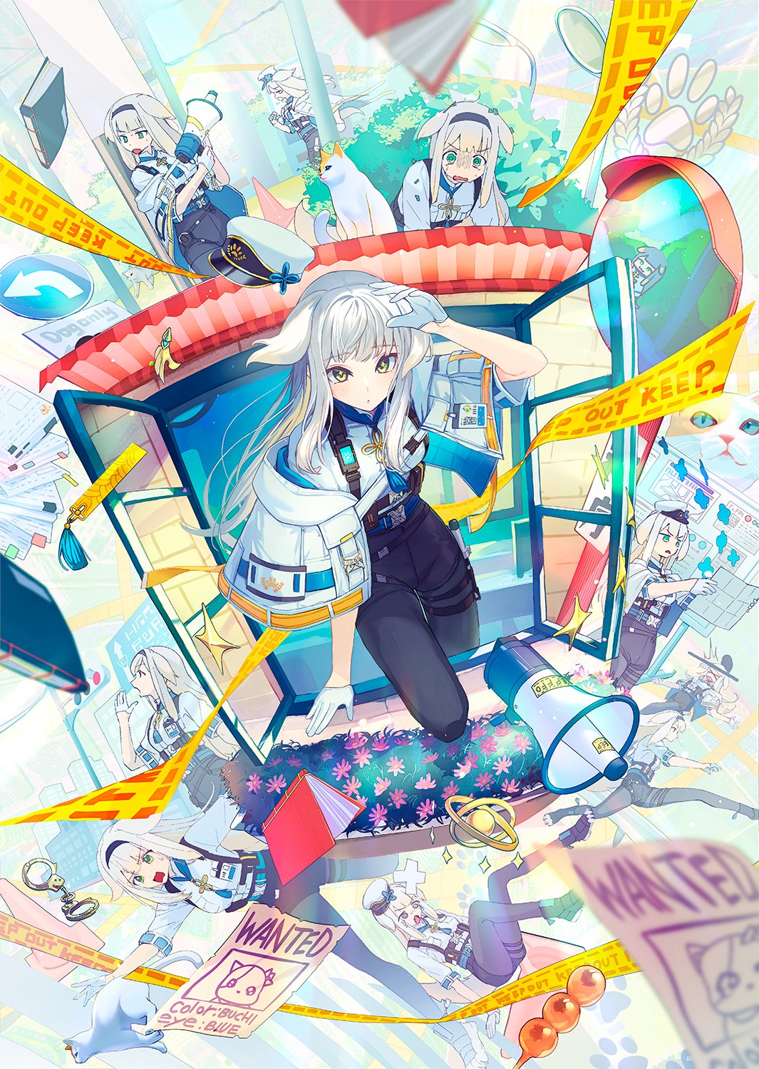 >_<, 1girl, :o, @_@, animal_ears, awning, bandaid, baton_(weapon)
