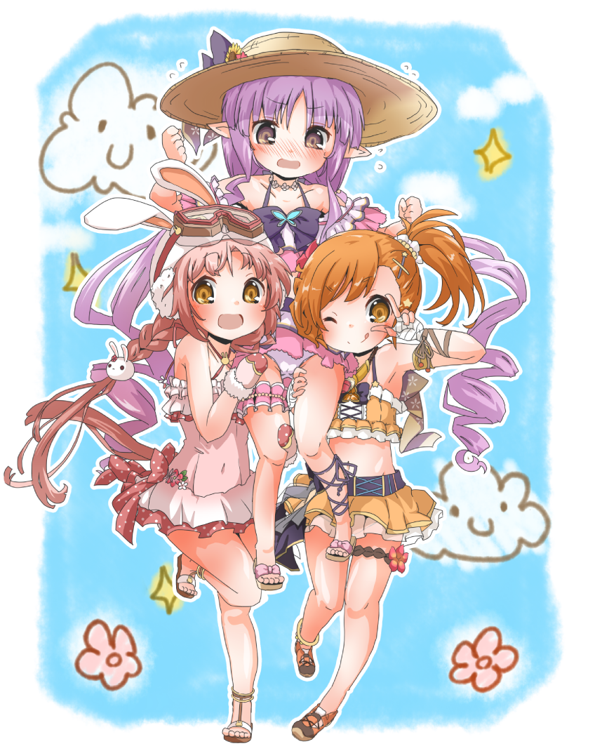 3girls, animal_hat, bikini, bikini_skirt, braid, collarbone, goggles, hair_ornament