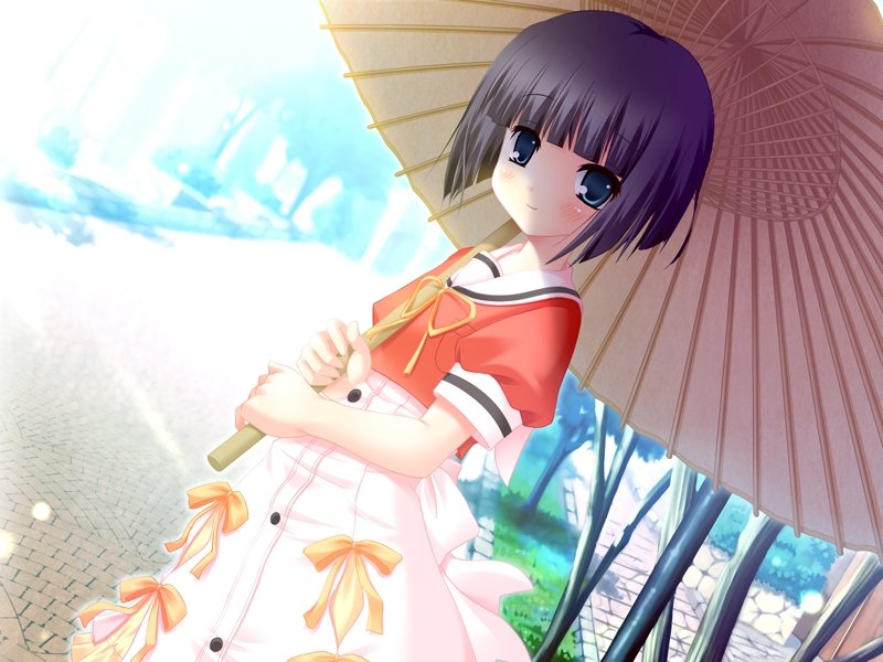 alcot_(company), bangs, black_hair, blush, bob_cut, bow, day, dutch_angle