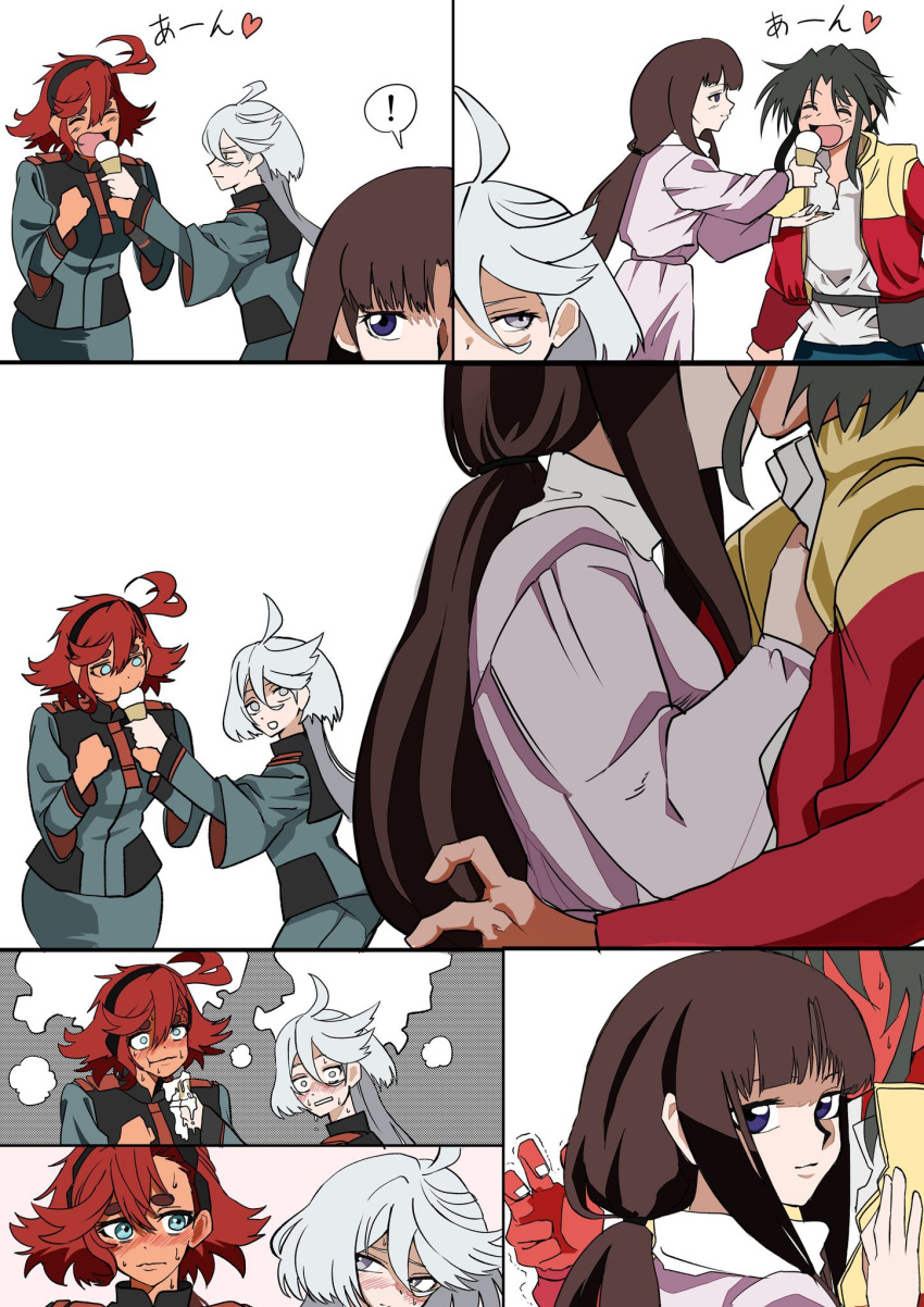 1boy, 3girls, after_war_gundam_x, ahoge, asticassia_school_uniform, black_hair, brown_hair, couple