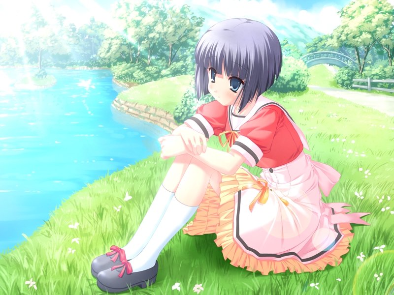 aizawa_tobari, alcot_(company), bangs, black_hair, blush, bob_cut, bow, cross-laced_footwear