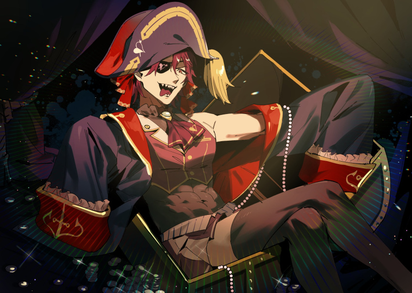1boy, abs, ascot, bicorne, black_coat, black_thighhighs, box, brooch