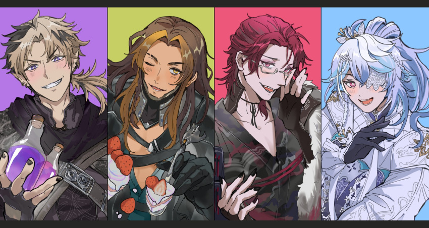 4boys, armor, belt, black_gloves, black_kimono, black_nails, black_scarf, blue_background, blue_hair, bottle, braid, brown_hair, cake, cake_slice, chest_belt, chin_guard, column_lineup, cork, corked_bottle, crimzon_ruze, curtained_hair, earrings, eyebrow_cut, eyepatch, fangs, fingerless_gloves, flower, flower_eyepatch, food, forehead, fork, frilled_sleeves, frills, fruit, glasses, gloves, goldbullet, goldbullet_(2nd_costume), gorget, green_background, grin, hair_slicked_back, highres, holding, holding_bottle, holding_fork, holostars, holostars_english, incoming_food, japanese_clothes, jewelry, jurard_t_rexford, kimono, lily_(flower), long_hair, low_ponytail, male_focus, medium_hair, multiple_boys, nail_polish, octavio, octavio_(2nd_costume), official_alternate_costume, one_eye_closed, pink_eyes, plunging_neckline, pointy_ears, ponytail, potion, purple_background, rectangular_eyewear, red_background, red_hair, riz_tempura, scarf, sharp_teeth, side_braid, simple_background, single_braid, smile, strawberry, strawberry_cake, string_choker, teeth, upper_body, violet_eyes, virtual_youtuber, white_flower, white_lily, wrist_flower, yellow_eyes