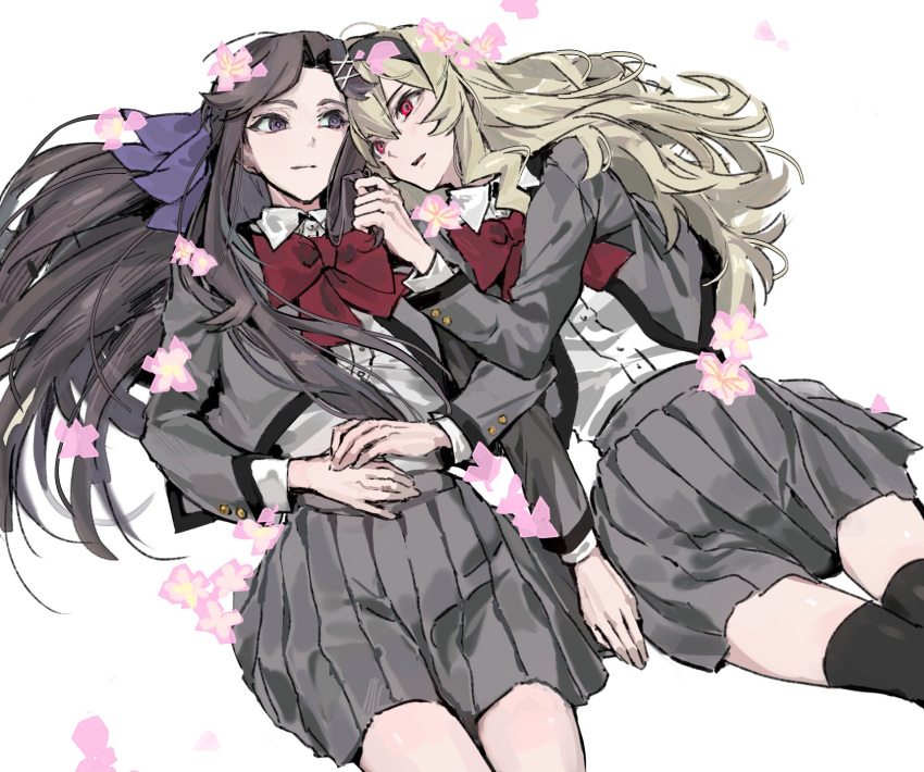 2girls, 9urodine, :|, arm_rest, black_hairband, black_trim, blonde_hair, bow