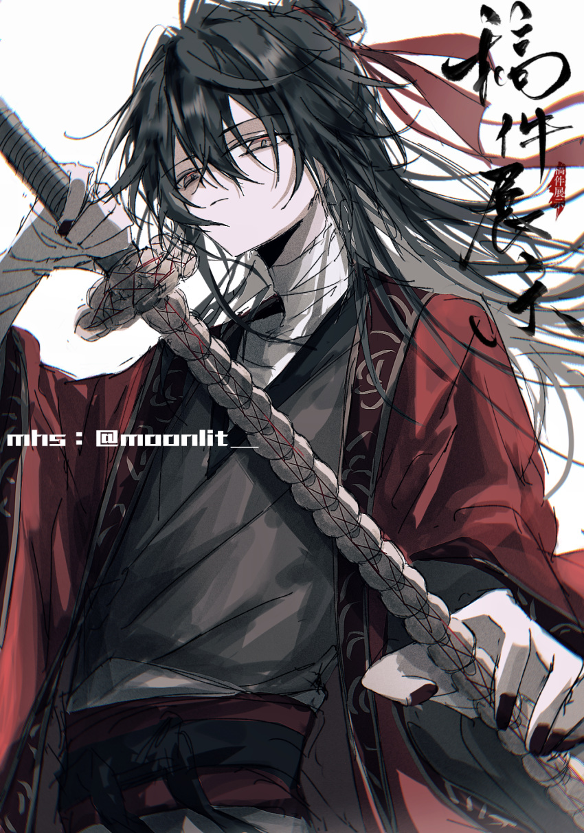 1boy, 2059700477, artist_name, bandaged_arm, bandaged_hand, bandaged_neck, bandages, bishounen, black_hair, black_hanfu, black_nails, brown_eyes, chinese_clothes, chinese_commentary, chinese_text, closed_mouth, coat, coin_sword, commission, dao_gui_yi_xian, hair_between_eyes, hair_bun, hair_ribbon, hanfu, highres, holding, holding_sword, holding_weapon, li_huowang, long_hair, long_sleeves, looking_at_viewer, male_focus, nail_polish, red_coat, red_ribbon, ribbon, robe, simple_background, single_hair_bun, solo, sword, upper_body, weapon, white_background, wide_sleeves