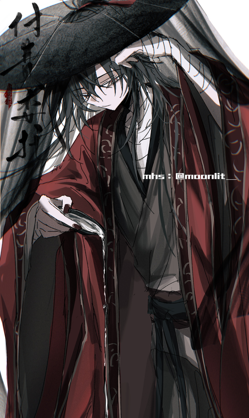 1boy, 2059700477, artist_name, bandaged_arm, bandaged_chest, bandaged_neck, bandages, bishounen, black_hair, black_hanfu, black_hat, black_nails, brown_eyes, chinese_clothes, chinese_commentary, chinese_text, closed_mouth, coat, commission, cup, dao_gui_yi_xian, hair_between_eyes, hanfu, hat, highres, holding, holding_cup, li_huowang, long_hair, long_sleeves, looking_at_viewer, looking_down, male_focus, pouring, red_coat, robe, sakazuki, simple_background, solo, white_background, wide_sleeves