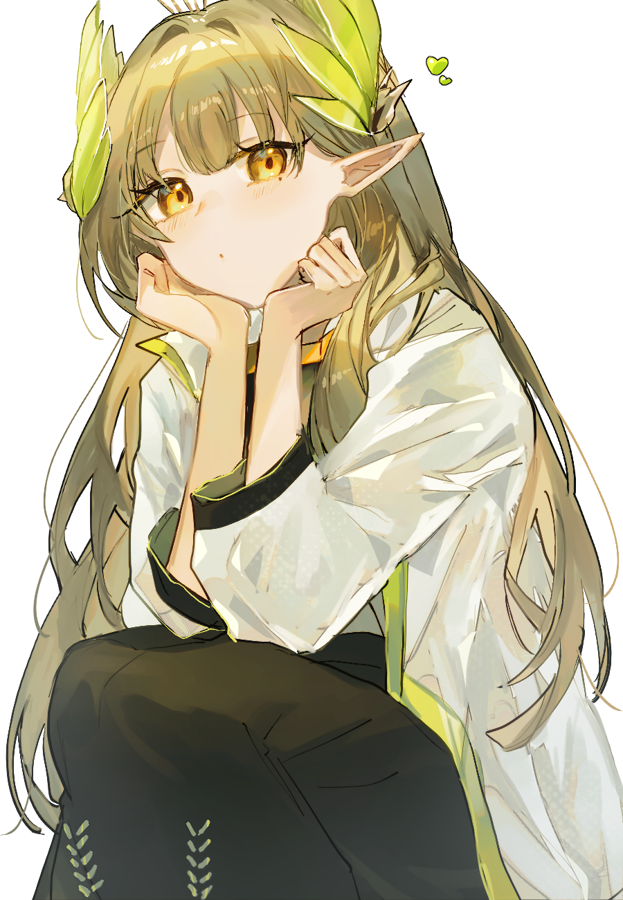 1girl, arknights, black_skirt, closed_mouth, commentary_request, dot_mouth, elf, fumi_(rdbm)