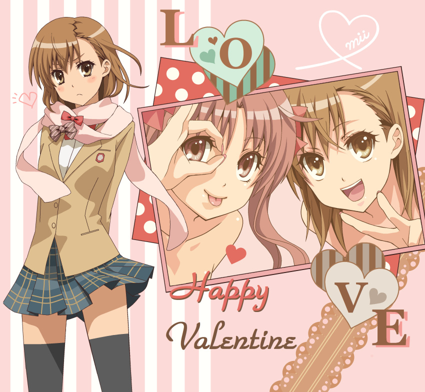 black_legwear, brown_eyes, brown_hair, happy_valentine, highres, imii, misaka_mikoto, photo_(object)
