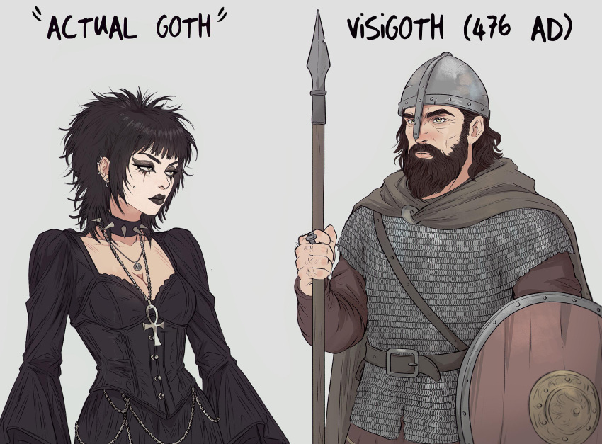 1boy, 1girl, ankh, armor, beard, bell_sleeves, belt, belt_buckle