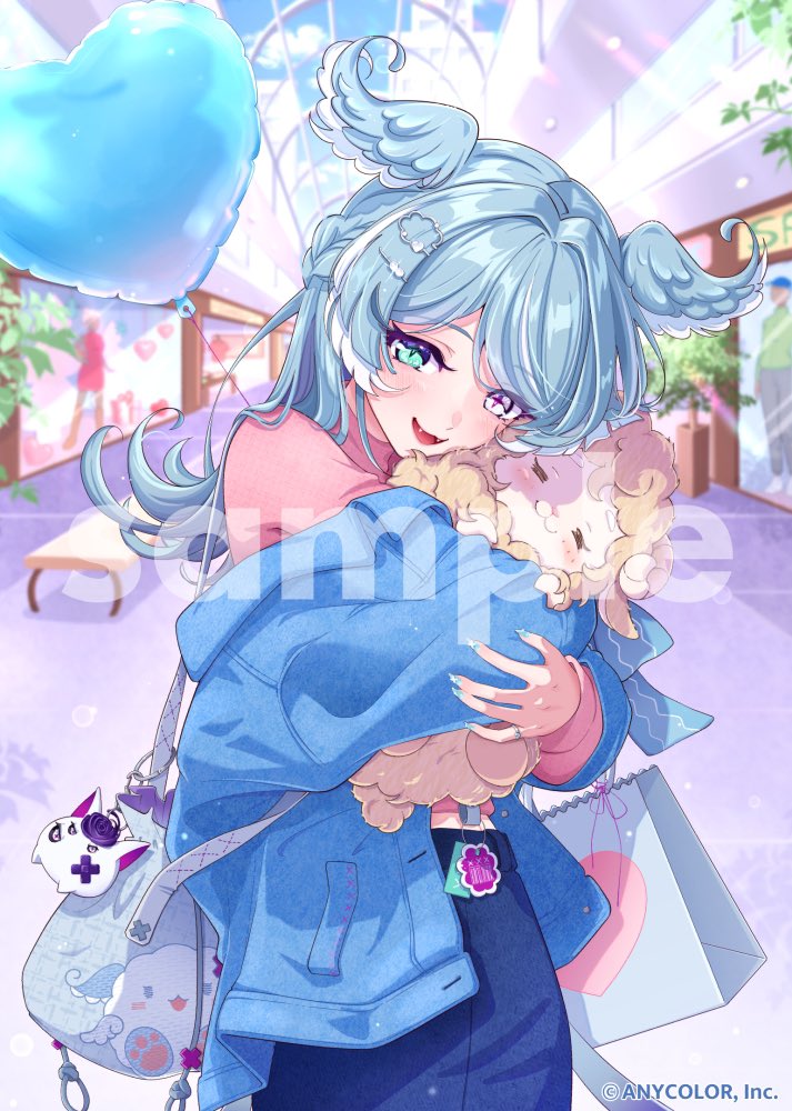1girl, :d, animal_hug, aqua_eyes, bag, bag_charm, balloon, beach