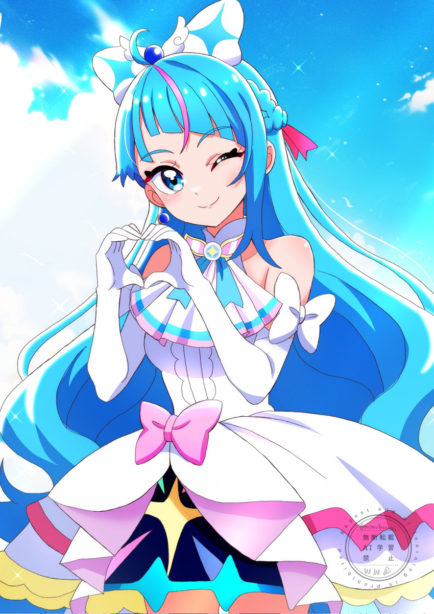 1girl, ascot, blue_hair, blue_sky, bow, breasts, brooch, cosplay