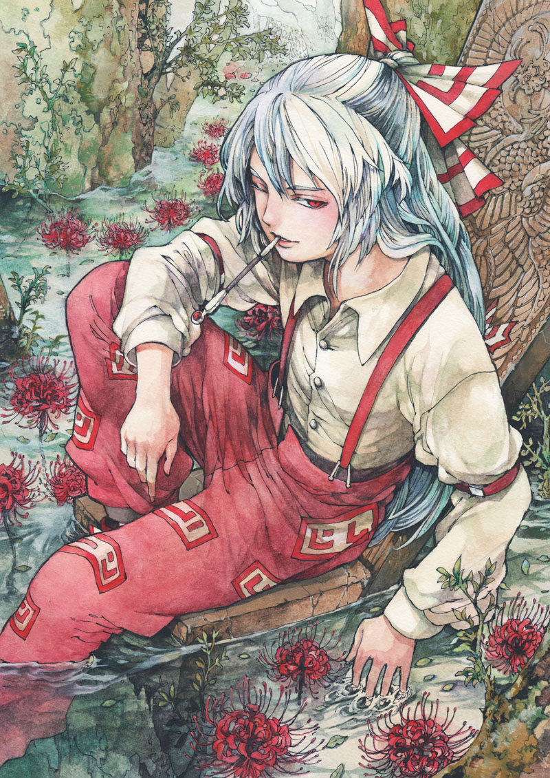 blush, calligraphy_brush_(medium), face, flower, fujiwara_no_mokou, hands, kiseru, lips, nib_pen_(medium), pipe, red_eyes, sitting, solo, spider_lily, submerged, suspenders, totaku_(musha_prune), touhou, tozawa, traditional_media, water, wink