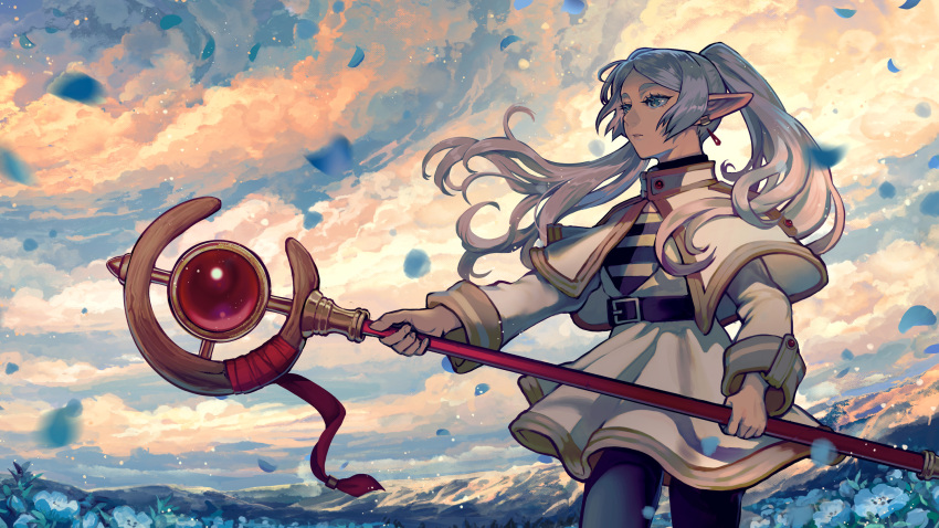 1girl, belt, black_pantyhose, capelet, clouds, cloudy_sky, dress, elf, field, flower, flower_field, frieren, grey_hair, highres, holding, holding_staff, ida_rintarou, jewelry, long_hair, long_sleeves, mountainous_horizon, pantyhose, parted_bangs, parted_lips, pointy_ears, sky, solo, sousou_no_frieren, staff, twintails, white_capelet, white_dress, wide_shot