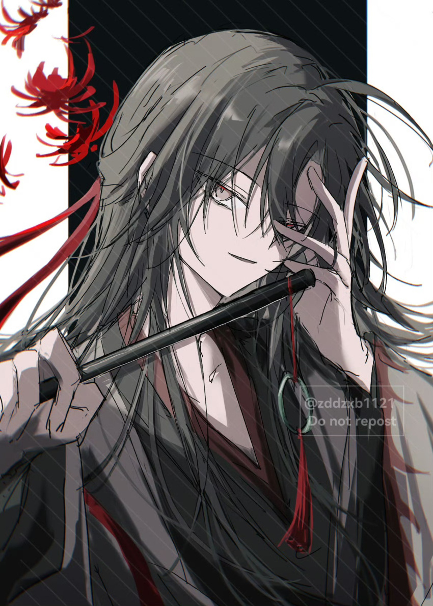 1boy, 2059700477, ahoge, bishounen, black_hair, black_hanfu, chinese_clothes, coat