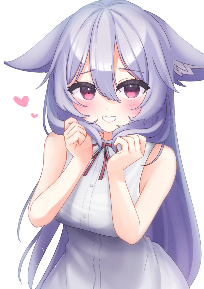 1girl, :d, absurdres, animal_ear_fluff, animal_ears, bare_arms, bare_shoulders, blush, breasts, collared_dress, dress, ears_down, fang, fox_ears, grey_hair, grin, hair_between_eyes, hands_up, heart, highres, kikyo_(vrchat), large_breasts, long_hair, looking_at_viewer, mashir_oxo, medium_breasts, neck_ribbon, purple_hair, red_eyes, red_ribbon, ribbon, simple_background, sleeveless, sleeveless_dress, smile, solo, upper_body, very_long_hair, violet_eyes, vrchat, white_background, white_dress