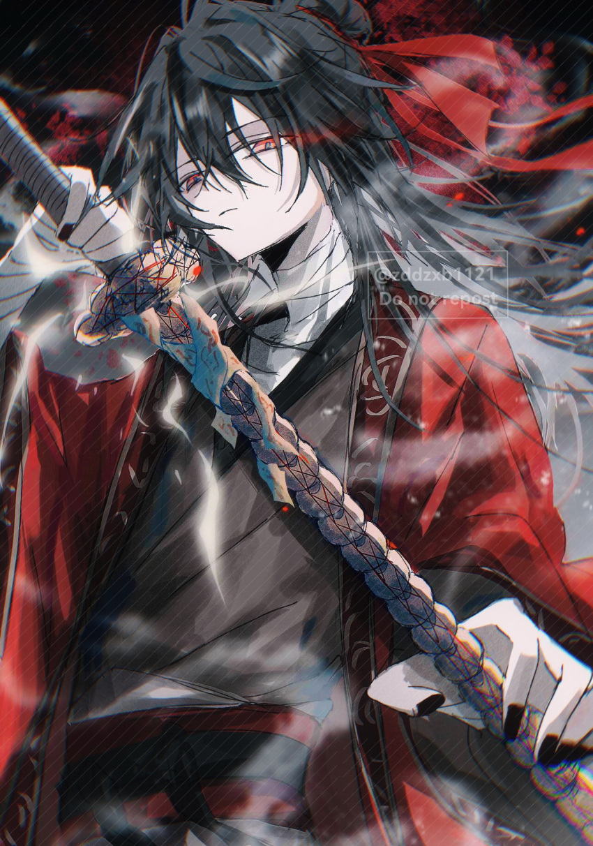 1boy, 2059700477, bandaged_arm, bandaged_neck, bandages, bishounen, black_hair, black_hanfu