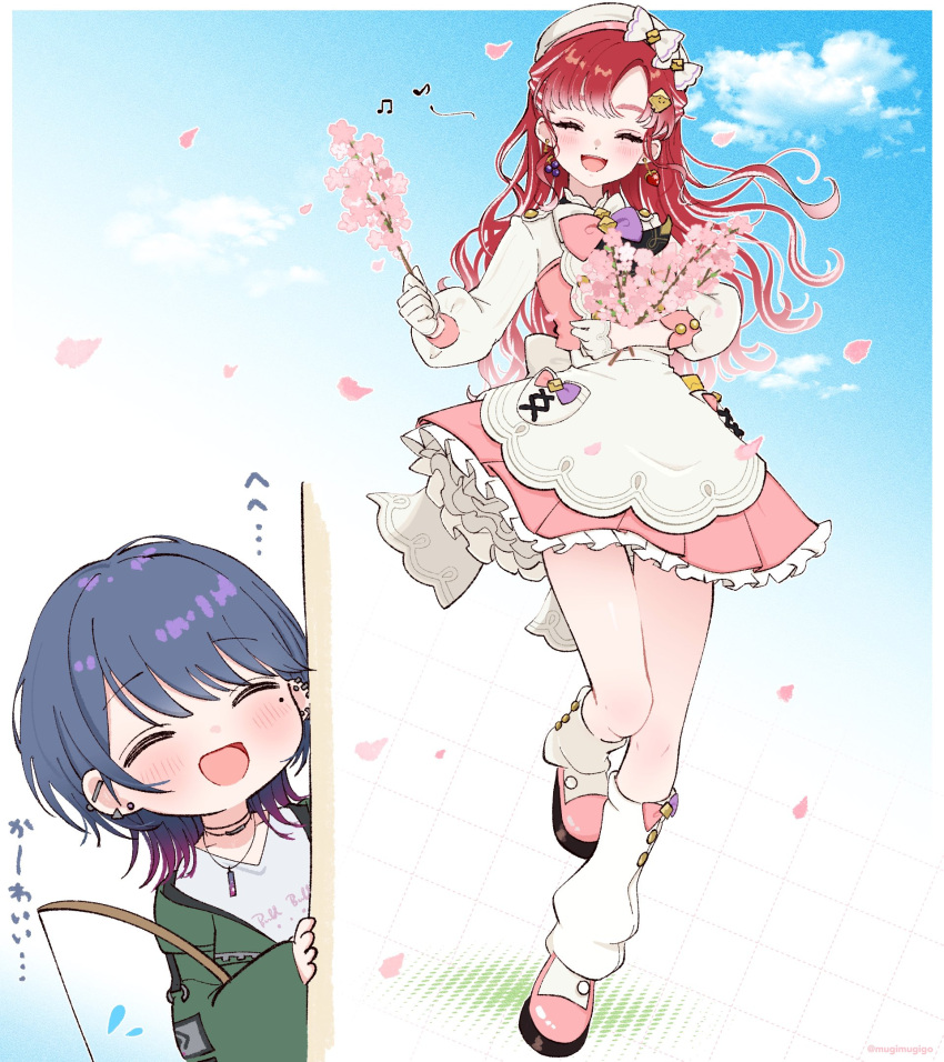 2girls, :d, ^_^, apron, artist_name, barbell_piercing, beret, blue_sky