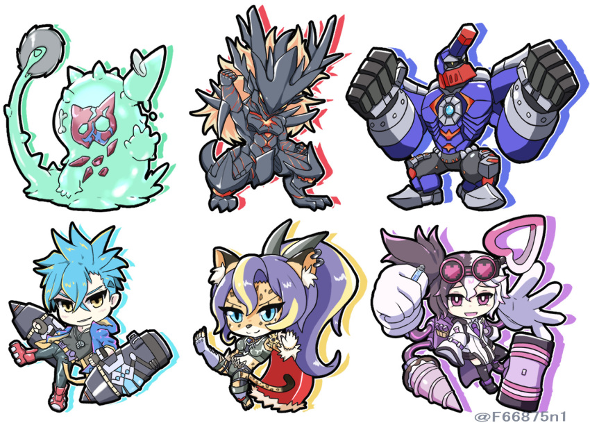 2girls, 3boys, armor, black_shirt, blonde_hair, blue_armor, blue_hair, blue_jacket