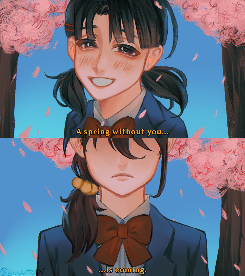 2girls, black_hair, black_jacket, blush, bow, bowtie, braid, cherry_blossoms