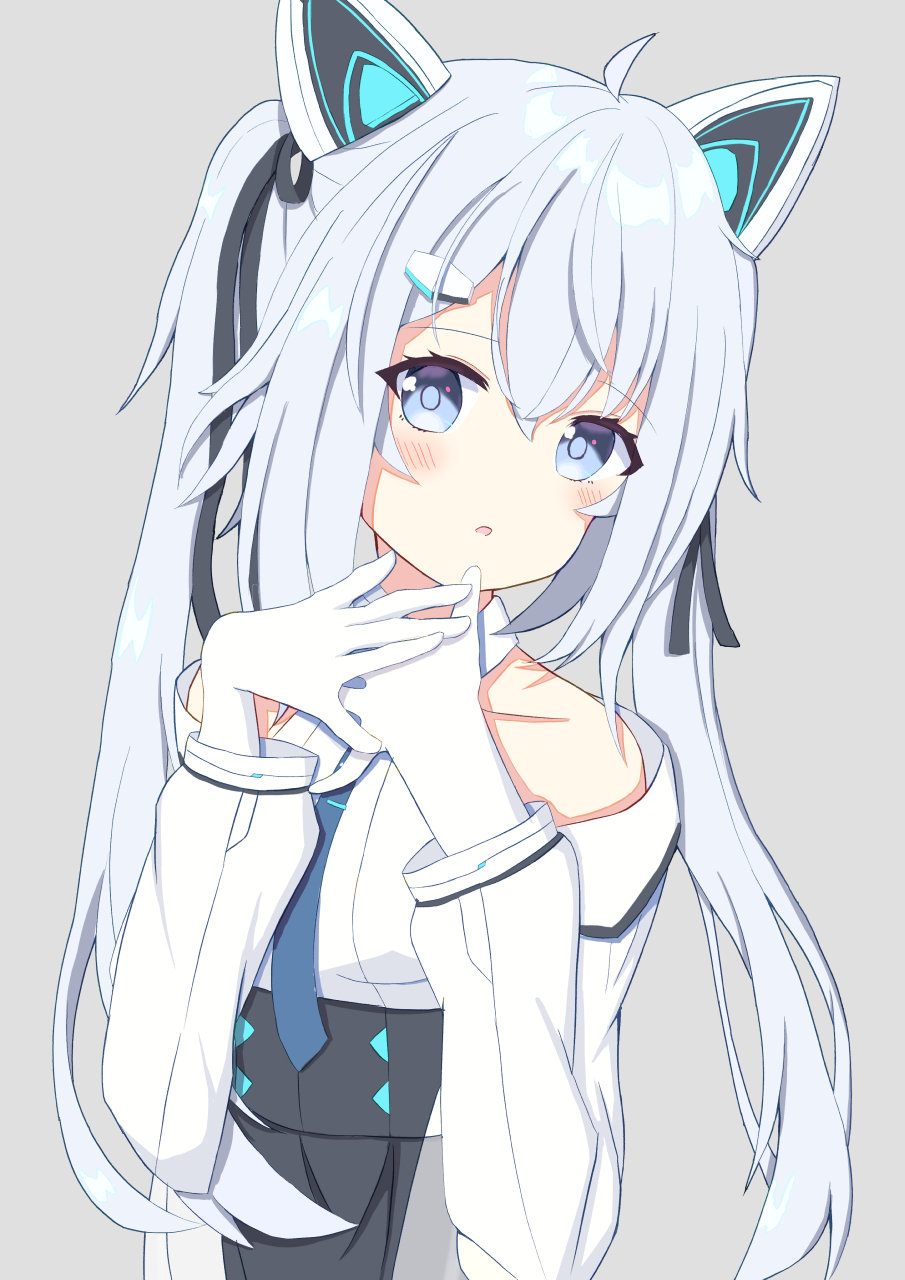 1girl, :o, ahoge, animal_ears, bare_shoulders, black_ribbon, black_skirt, blue_eyes