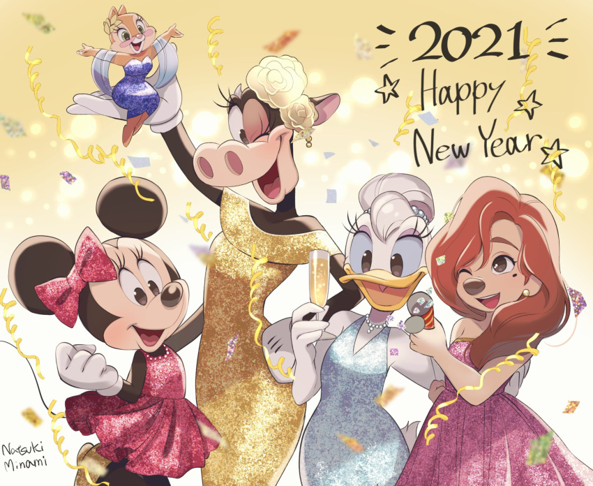 2021, 5girls, a_goofy_movie, alternate_costume, animal_ears, bow, clarabelle_cow, clarice_(disney), daisy_duck, disney, dress, duck_girl, gloves, hair_bow, happy_new_year, highres, looking_at_viewer, mickey_mouse_&amp;_friends, minnie_mouse, mouse_ears, mouse_girl, multiple_girls, natsuki_nori, new_year, open_mouth, roxanne_(a_goofy_movie), smile, white_gloves