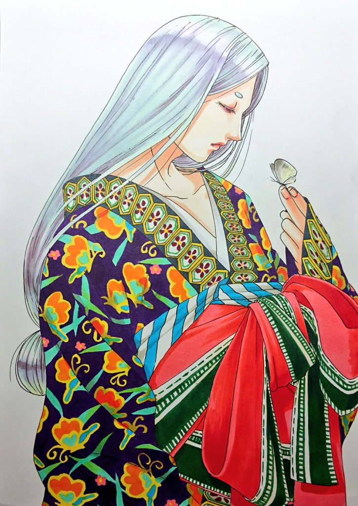 1girl, 59awakadoy, arm_at_side, bug, butterfly, butterfly_on_hand, closed_mouth, collarbone