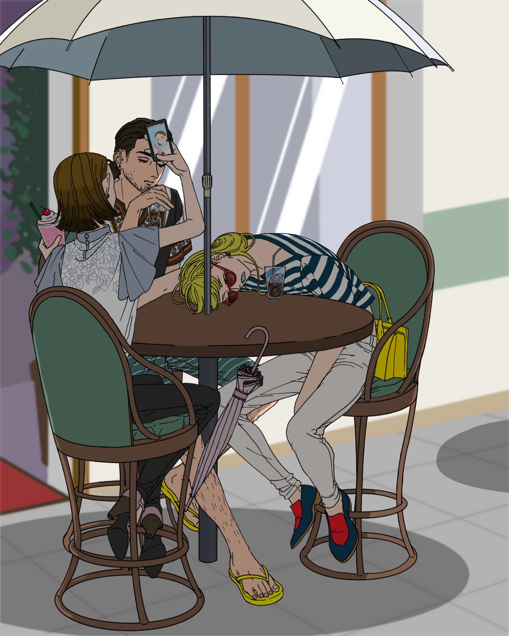 1girl, 2boys, 59awakadoy, arm_between_legs, arm_up, bag, black_hair, black_pants