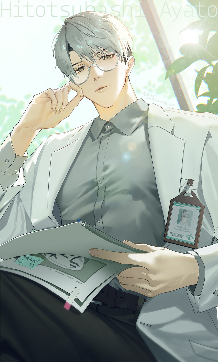 1boy, artist_name, belt, belt_buckle, black_pants, brown_belt, brown_eyes, buckle
