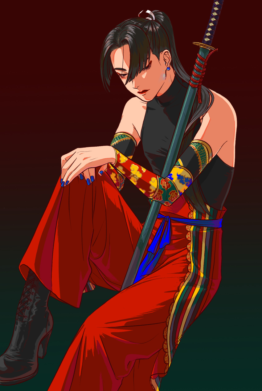 1boy, 59awakadoy, bare_shoulders, black_boots, black_hair, black_shirt, blue_nails, boots