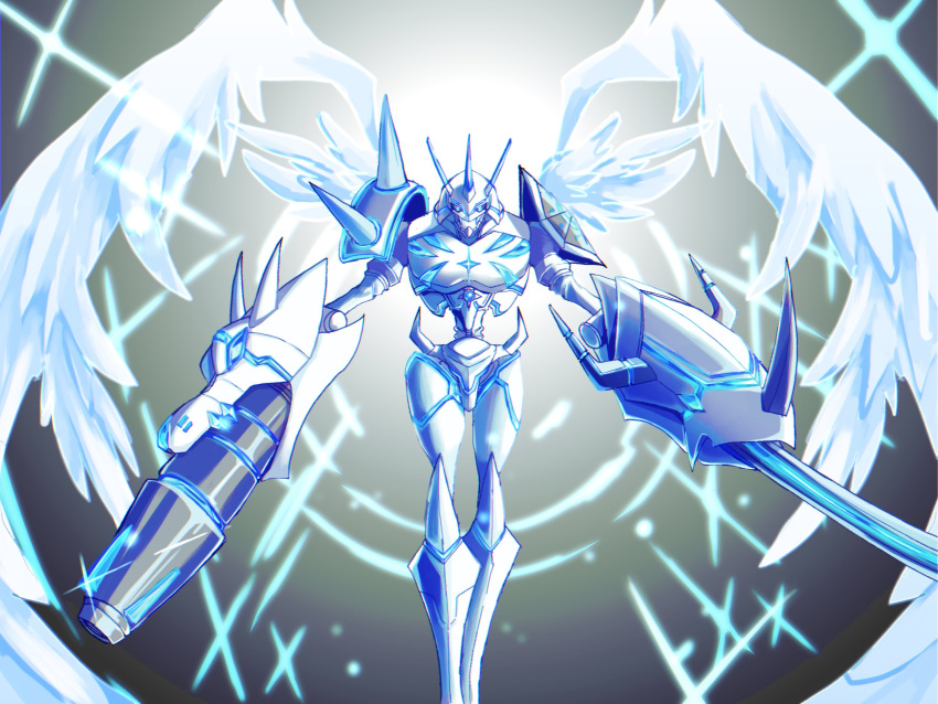 arm_blade, arm_cannon, armor, cowboy_shot, digimon, digimon_(creature), energy_gun, feathered_wings
