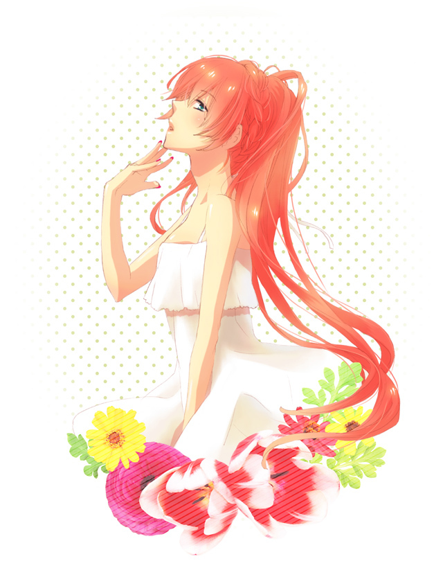 blue_eyes, braid, dress, flower, long_hair, megurine_luka, nail_polish, pink_hair, profile, solo, vocaloid, yuzucky