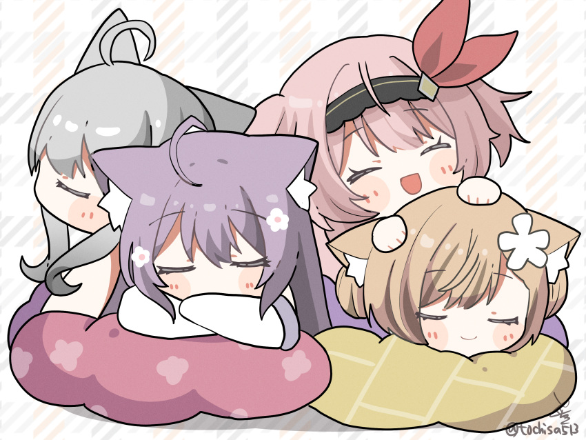 4girls, :d, ahoge, animal_ear_fluff, animal_ears, black_hairband, black_headband, blush