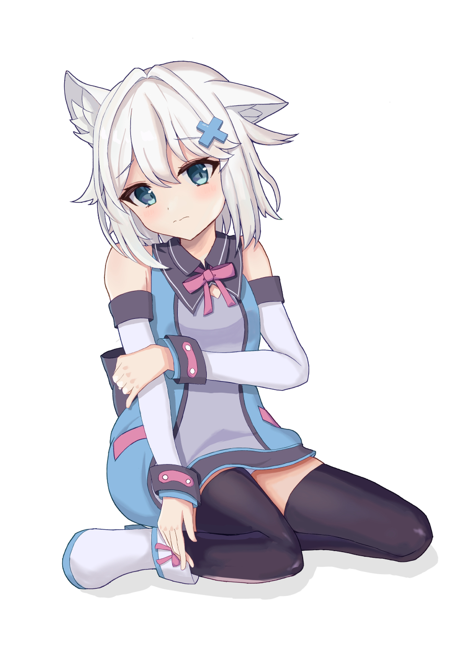 1girl, animal_ear_fluff, animal_ears, bare_shoulders, black_thighhighs, blue_dress, blue_eyes, blush