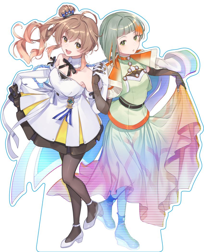 2girls, belt, black_belt, black_dress, black_gloves, black_pantyhose, black_ribbon, black_shoes