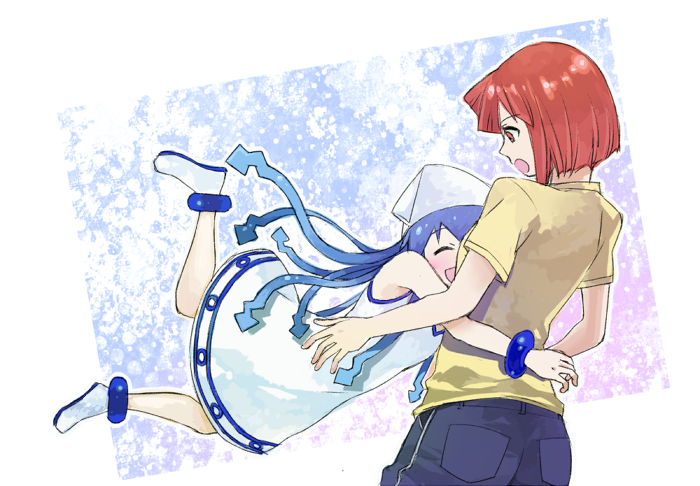 bad_id, blue_hair, closed_eyes, eyes_closed, hug, ikamusume, long_hair, open_mouth