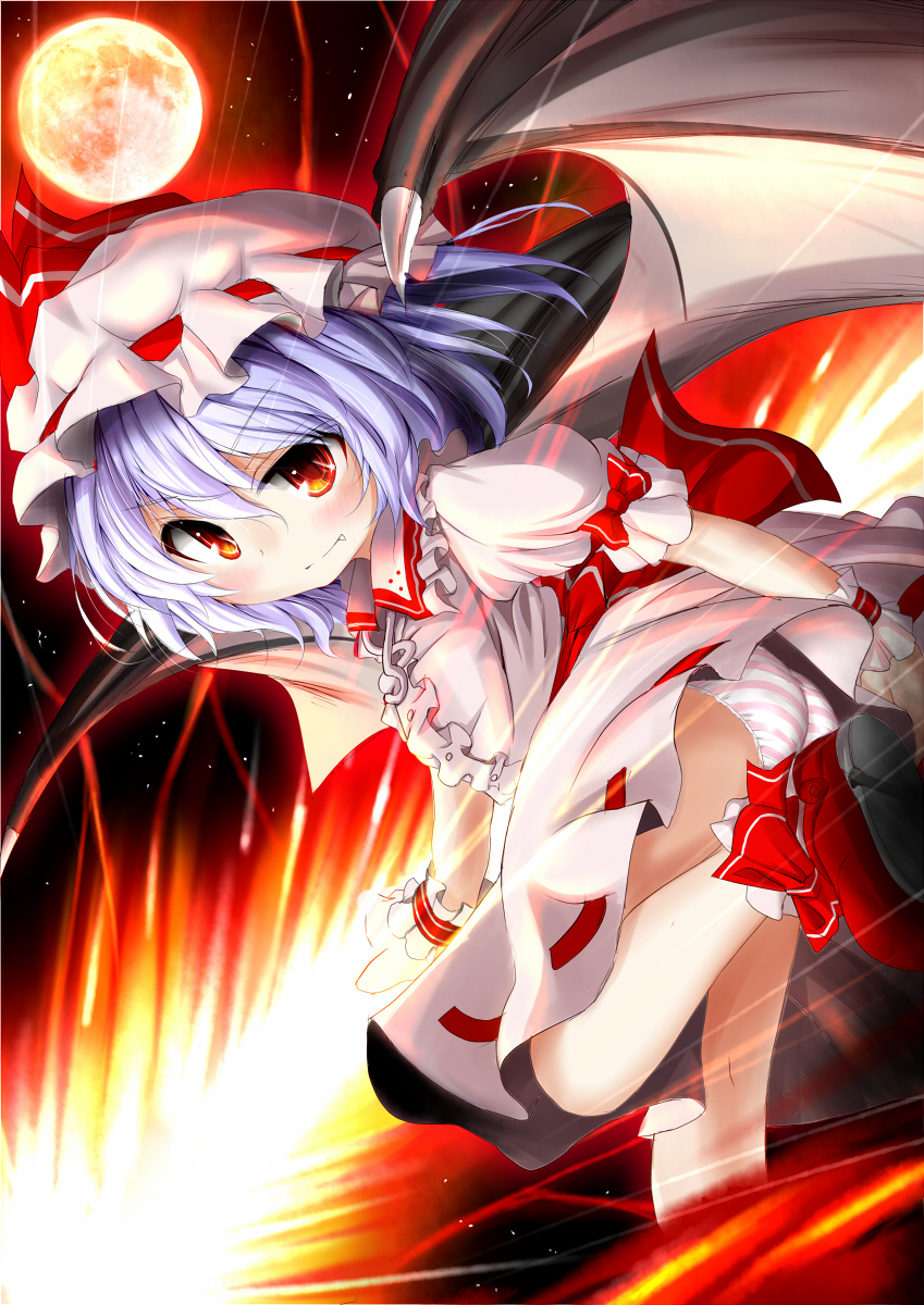 bat_wings, blue_hair, fang, full_moon, hat, highres, inyu, inyucchi