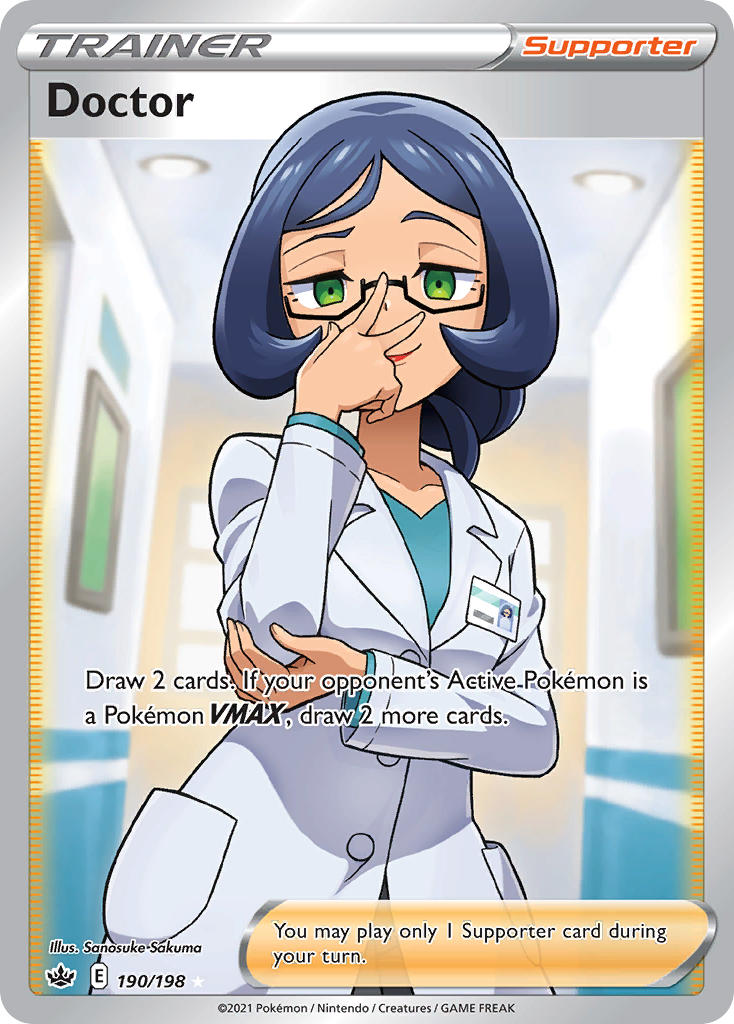 1girl, adjusting_eyewear, artist_name, blue_hair, card_(medium), ceiling_light, character_name, closed_mouth