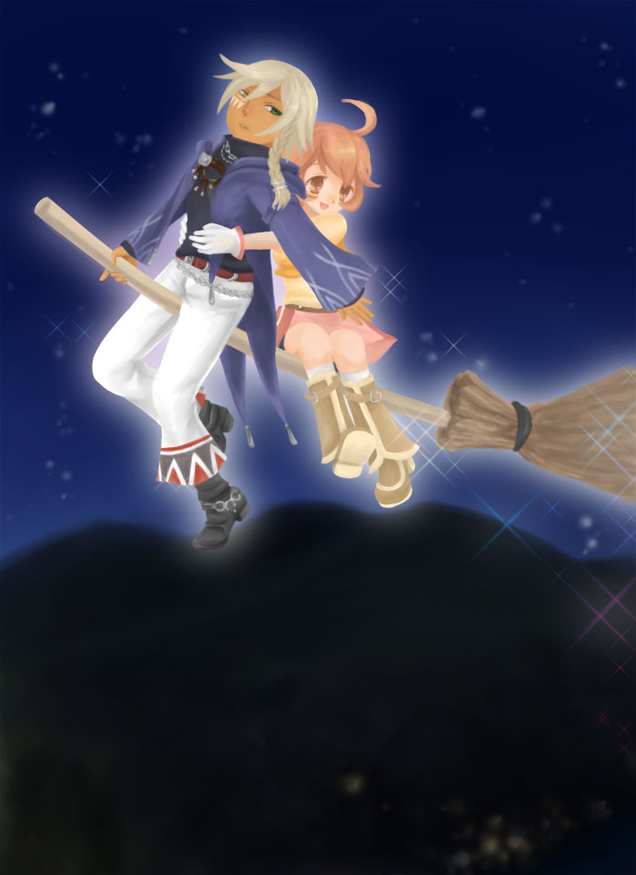 ahoge, blonde_hair, boots, braid, broom, brown_eyes, brown_hair, couple