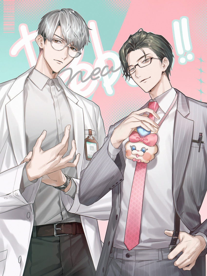 2boys, absurdres, aqua_background, asymmetrical_bangs, belt, belt_buckle, black-framed_eyewear, black_hair