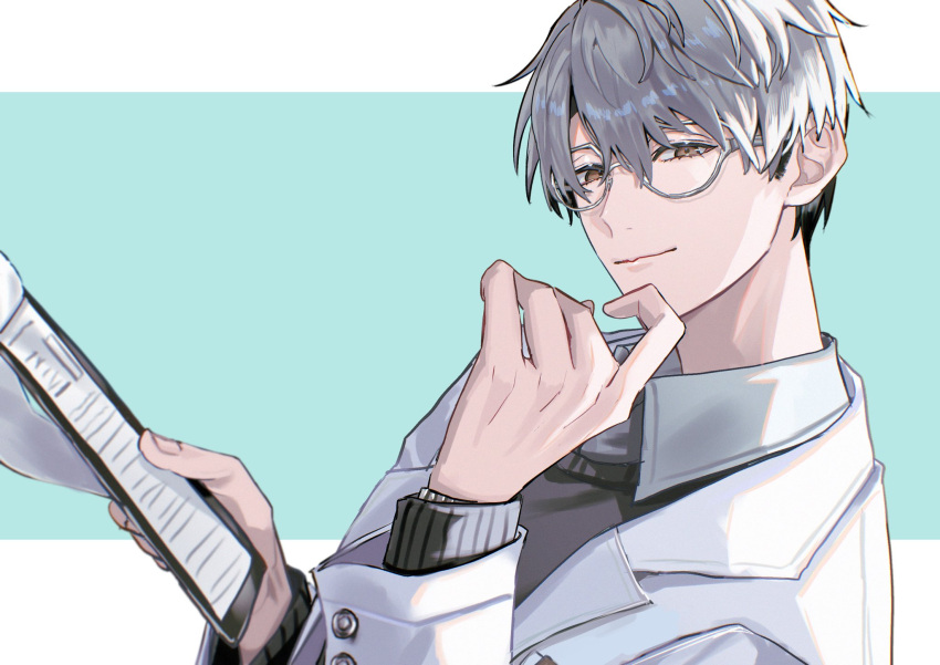 1boy, aqua_background, brown_eyes, clipboard, closed_mouth, coat, collared_shirt, glasses