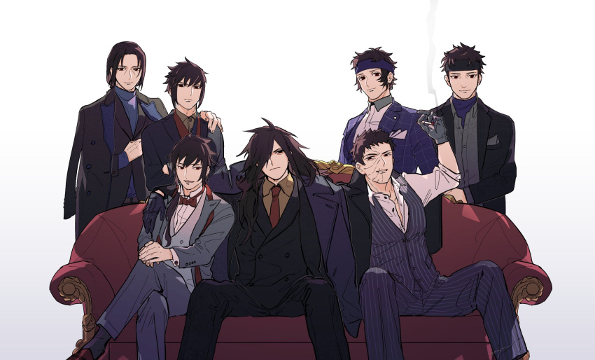 6+boys, black_gloves, black_hair, brothers, cigarette, closed_mouth, coat, commentary_request
