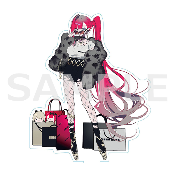 1girl, baobhan_sith_(comiket_103)_(fate), baobhan_sith_(fate), black_skirt, breasts, character_doll, choker, fate/grand_order, fate_(series), fishnet_pantyhose, fishnets, full_body, fur_jacket, hand_up, jacket, long_hair, mochizuki_kei, morgan_le_fay_(fate), official_art, pantyhose, pink_hair, platform_heels, pointy_ears, sample_watermark, second-party_source, shirt, side_ponytail, skirt, solo, sunglasses, watermark, white_shirt